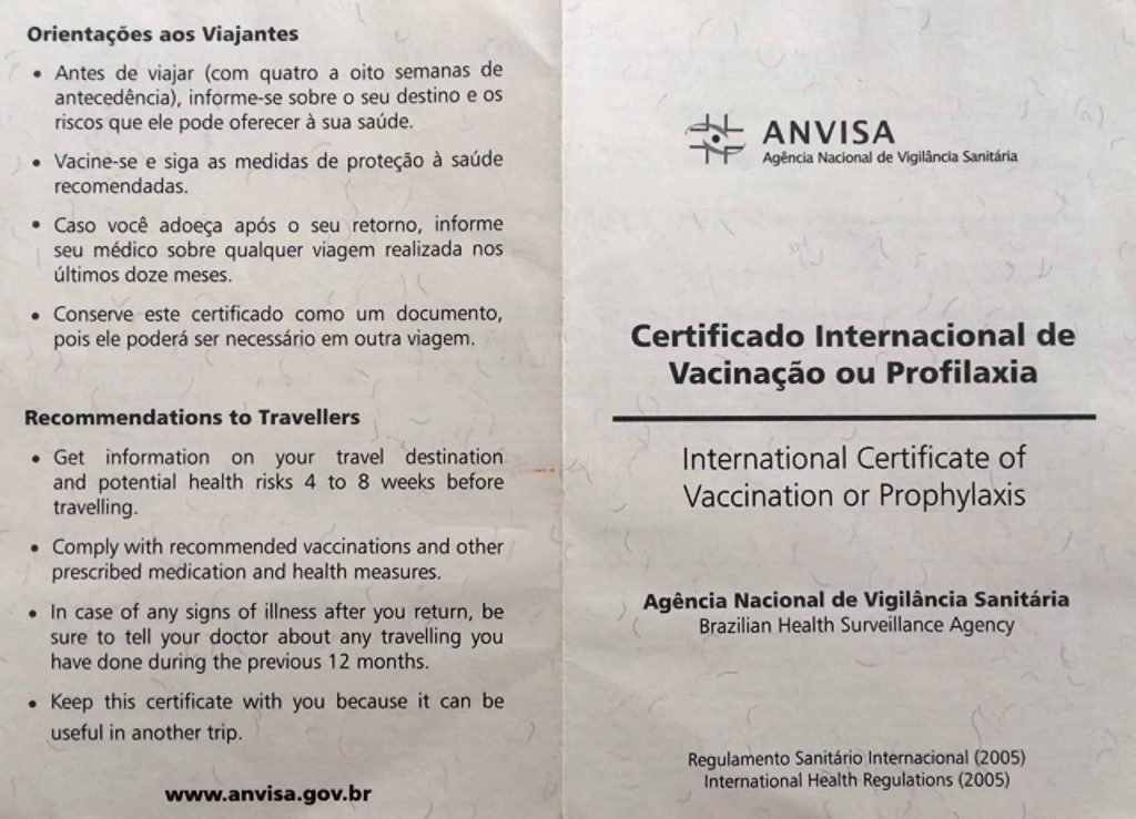 Certificado Internacional de Vacinação - frente do documento