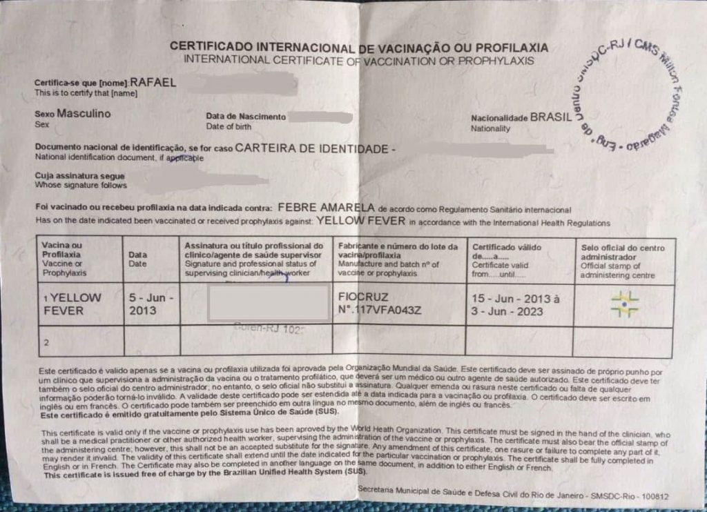 Certificado de Vacinação contra Febre Amarela