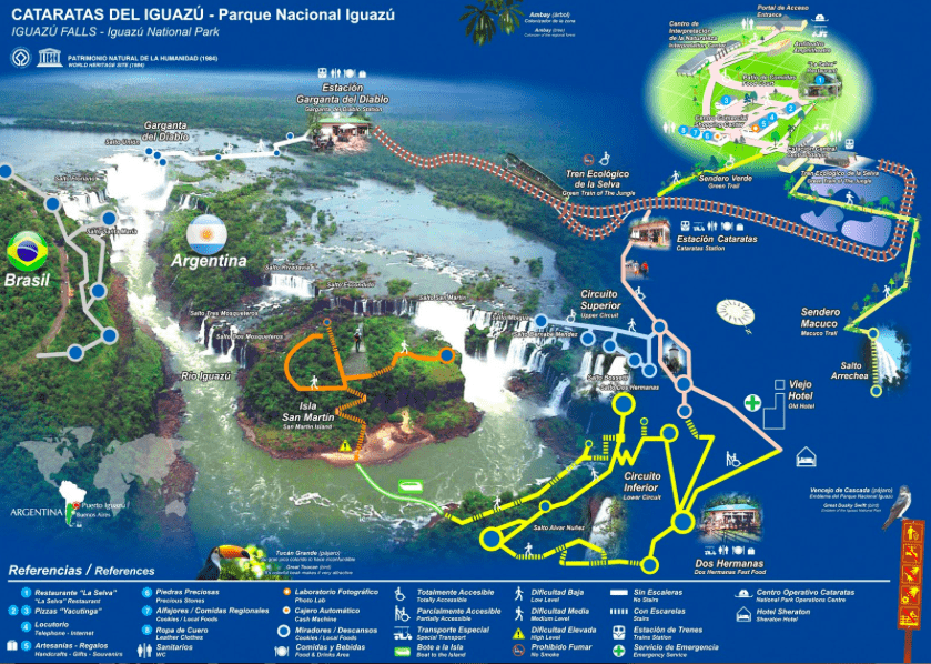 Mapa do Parque, com a demarcação dos circuitos do Parque Nacional Iguazú