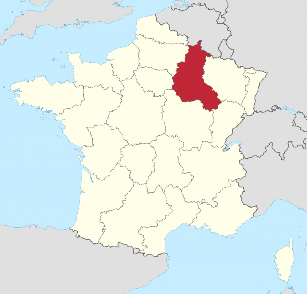 Mapa da França mostrando em que parte da França fica a região de Champagne