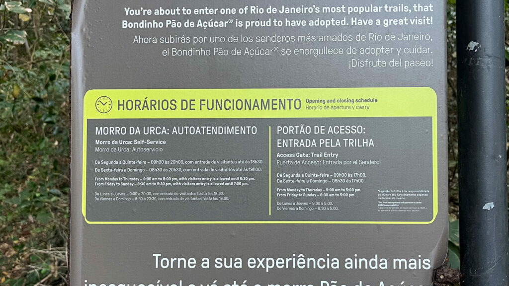 Horários de funcionamento Trilha da Urca