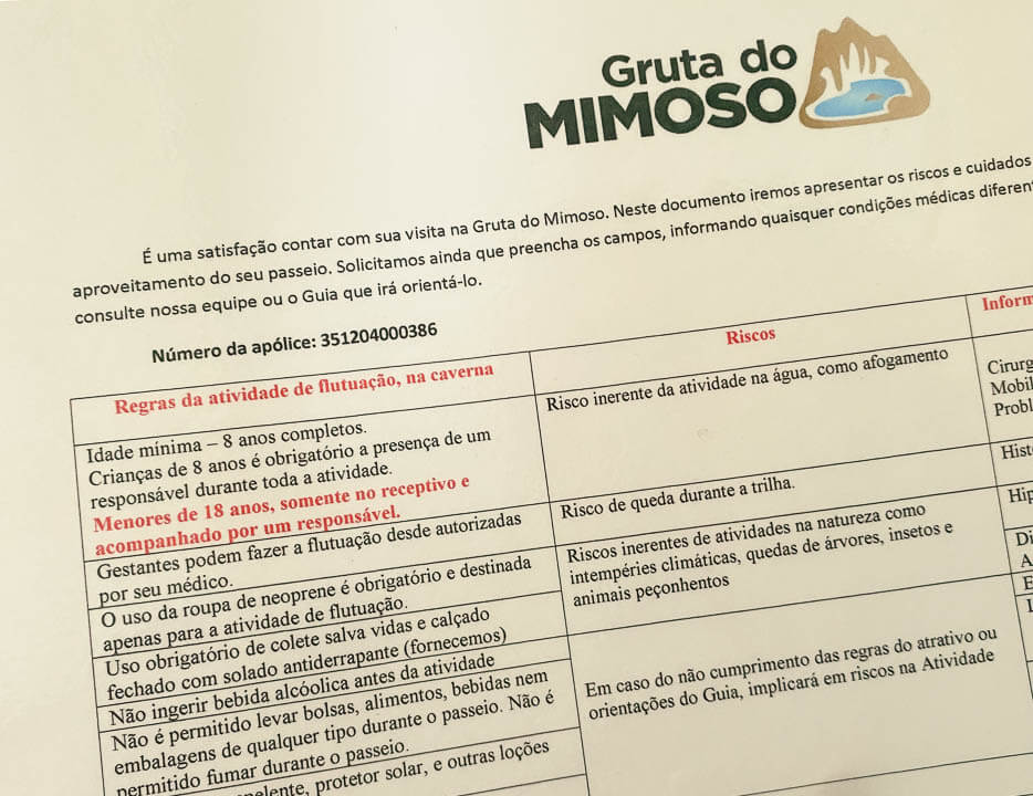 regras de participação na atividade da Gruta do Mimoso