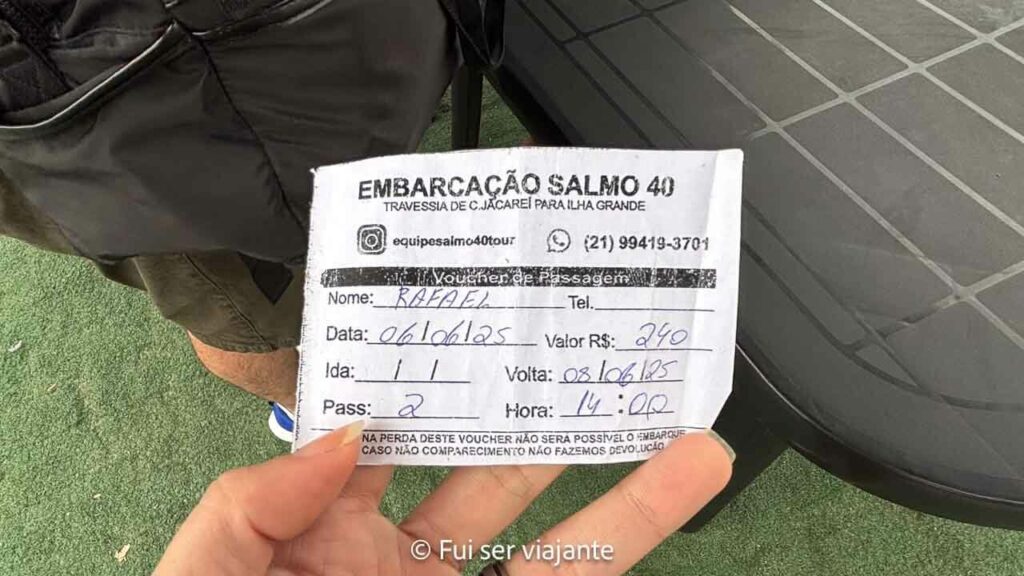 Bilhete do barco que precisamos guardar para a volta